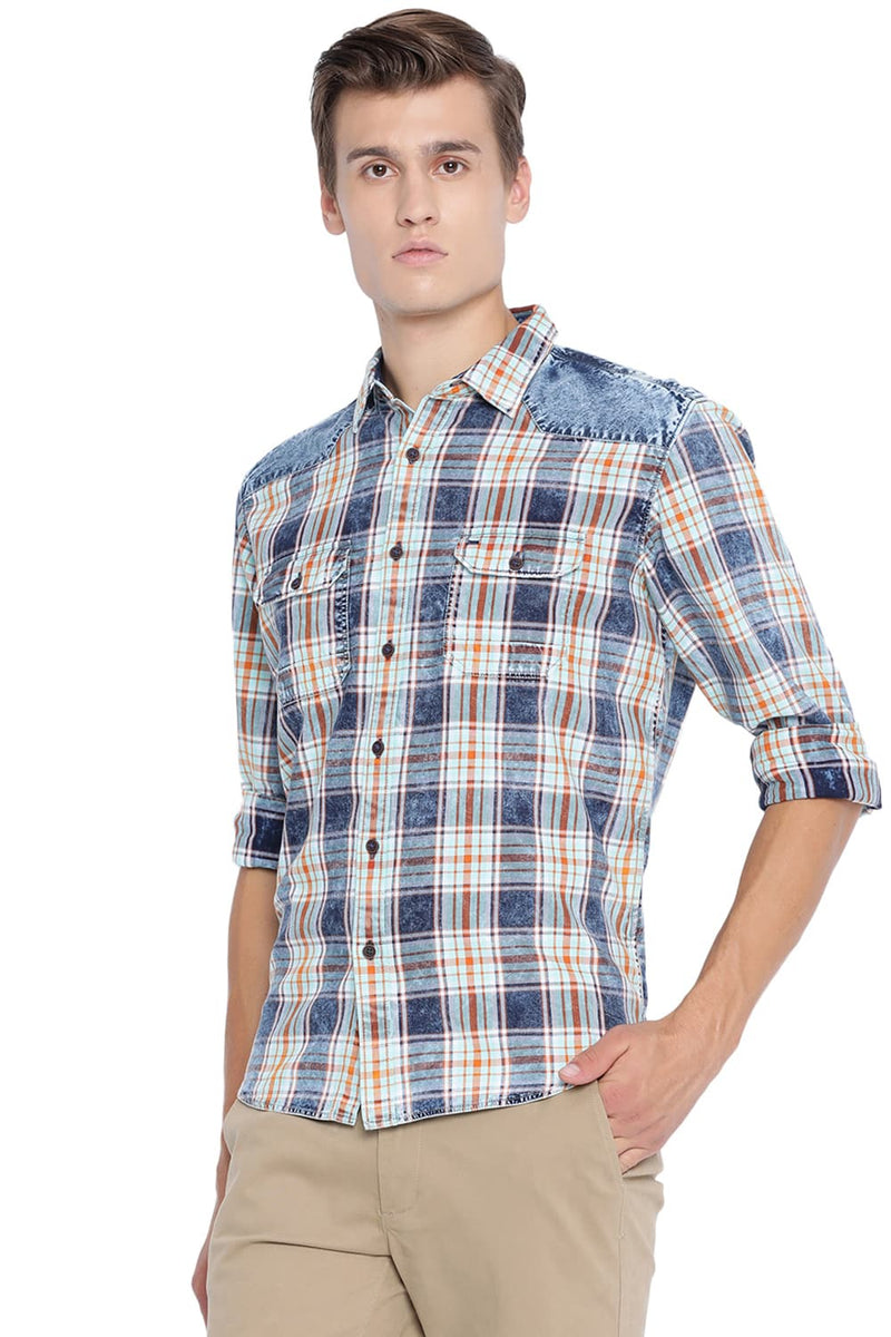 BASICS SLIM FIT INDIGO CHECKS SHIRT