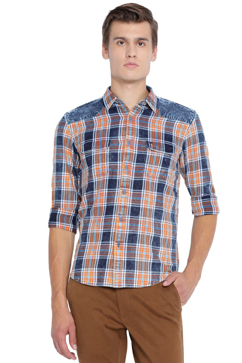 BASICS SLIM FIT INDIGO CHECKS SHIRT