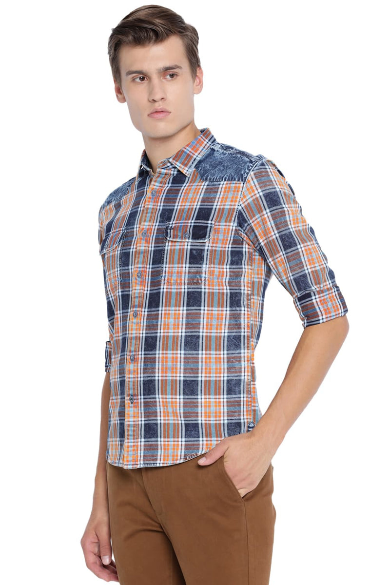 BASICS SLIM FIT INDIGO CHECKS SHIRT