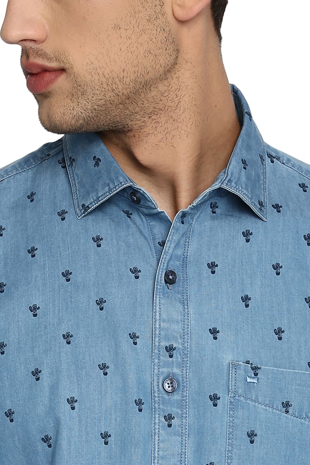 BASICS SLIM FIT PRINTED INDIGO SHIRT