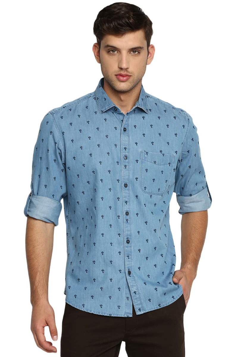 BASICS SLIM FIT PRINTED INDIGO SHIRT