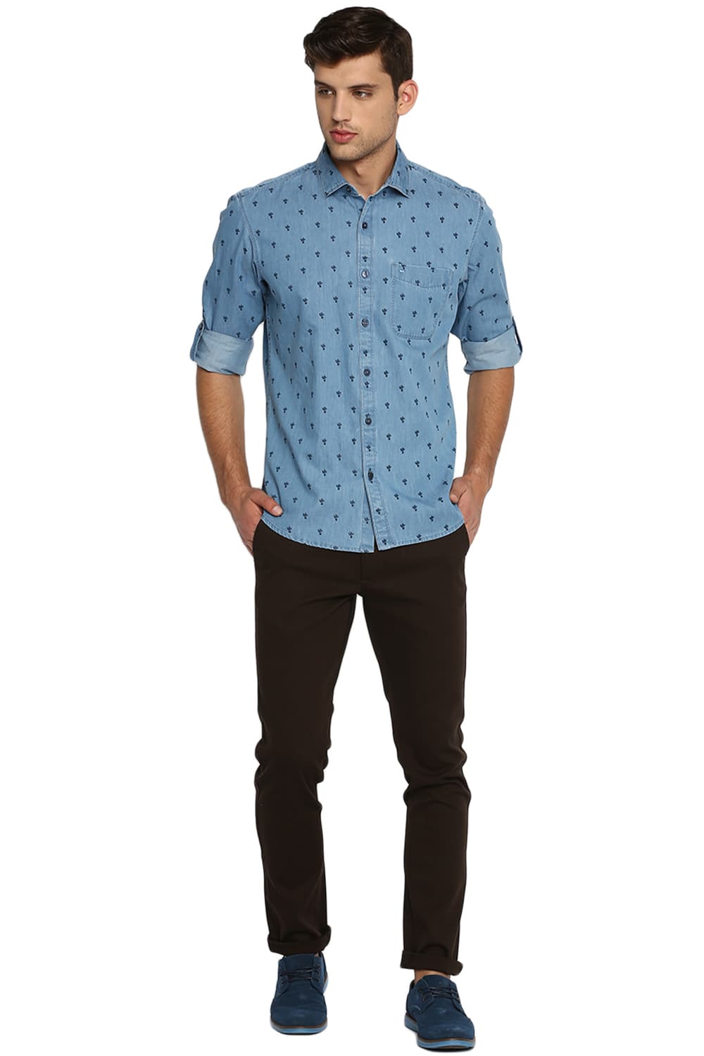 BASICS SLIM FIT PRINTED INDIGO SHIRT