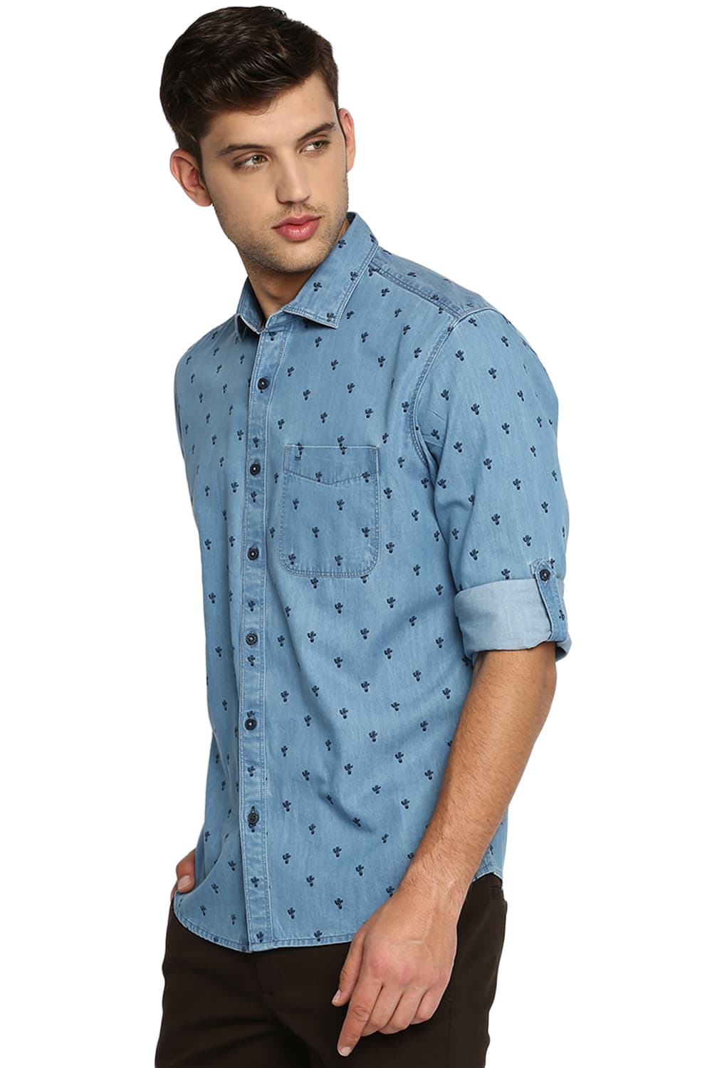 BASICS SLIM FIT PRINTED INDIGO SHIRT