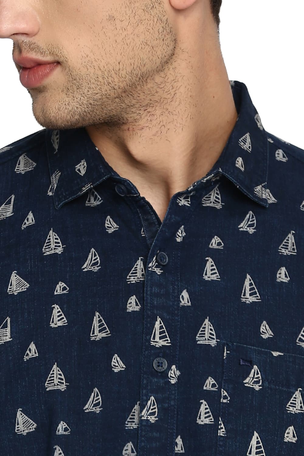 BASICS SLIM FIT PRINTED INDIGO SHIRT