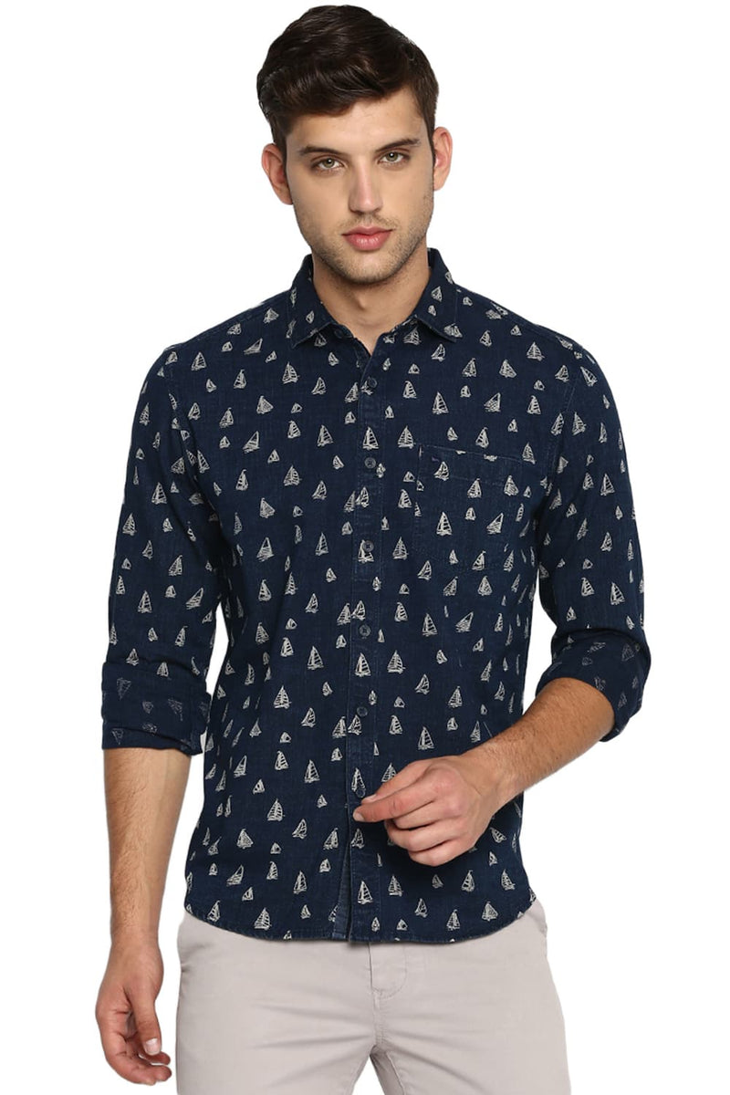 BASICS SLIM FIT PRINTED INDIGO SHIRT