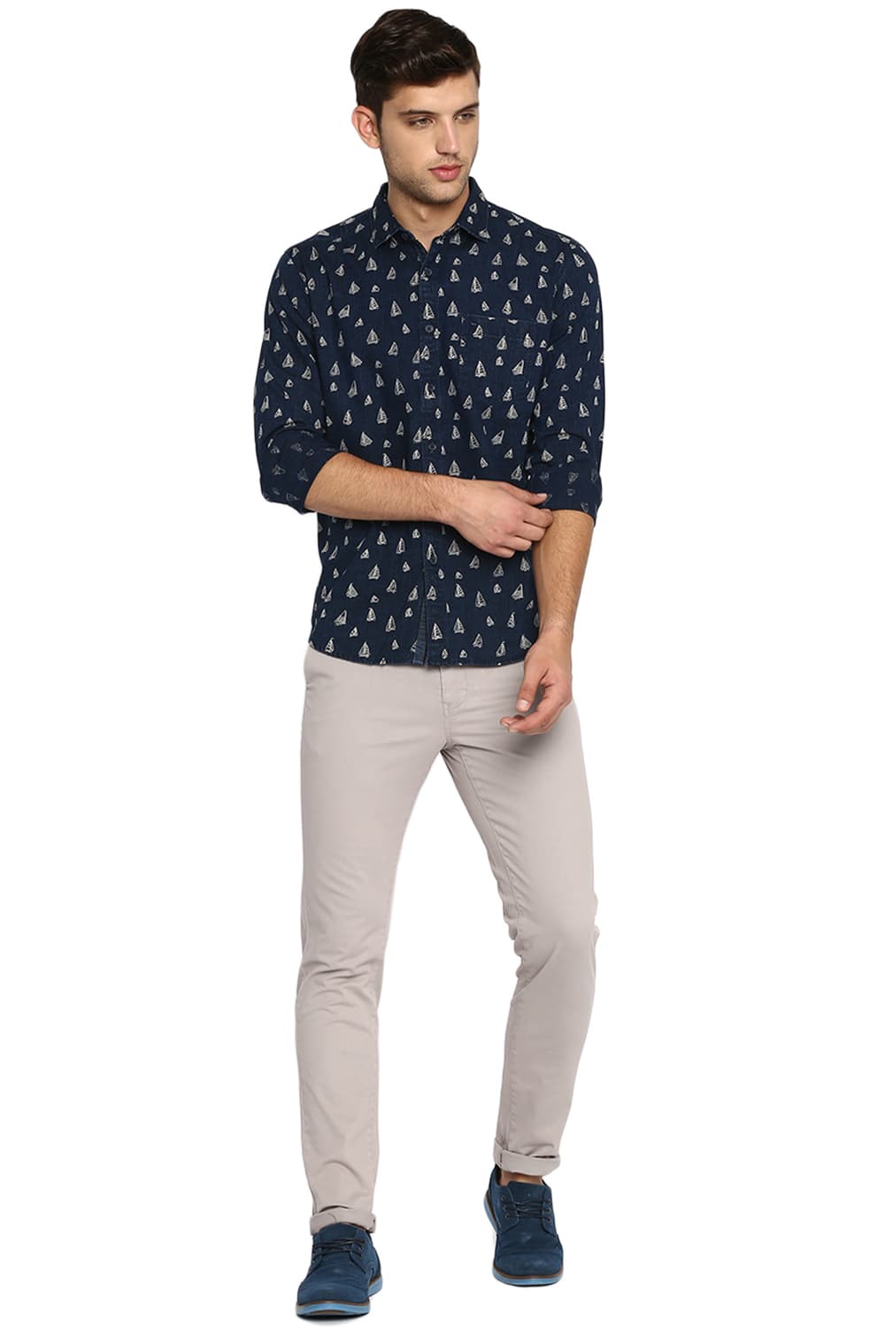 BASICS SLIM FIT PRINTED INDIGO SHIRT