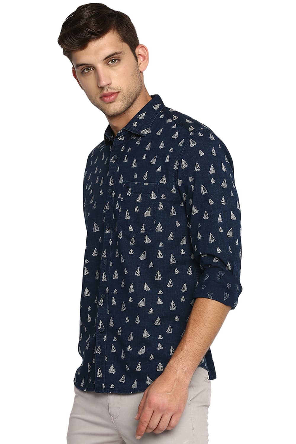 BASICS SLIM FIT PRINTED INDIGO SHIRT