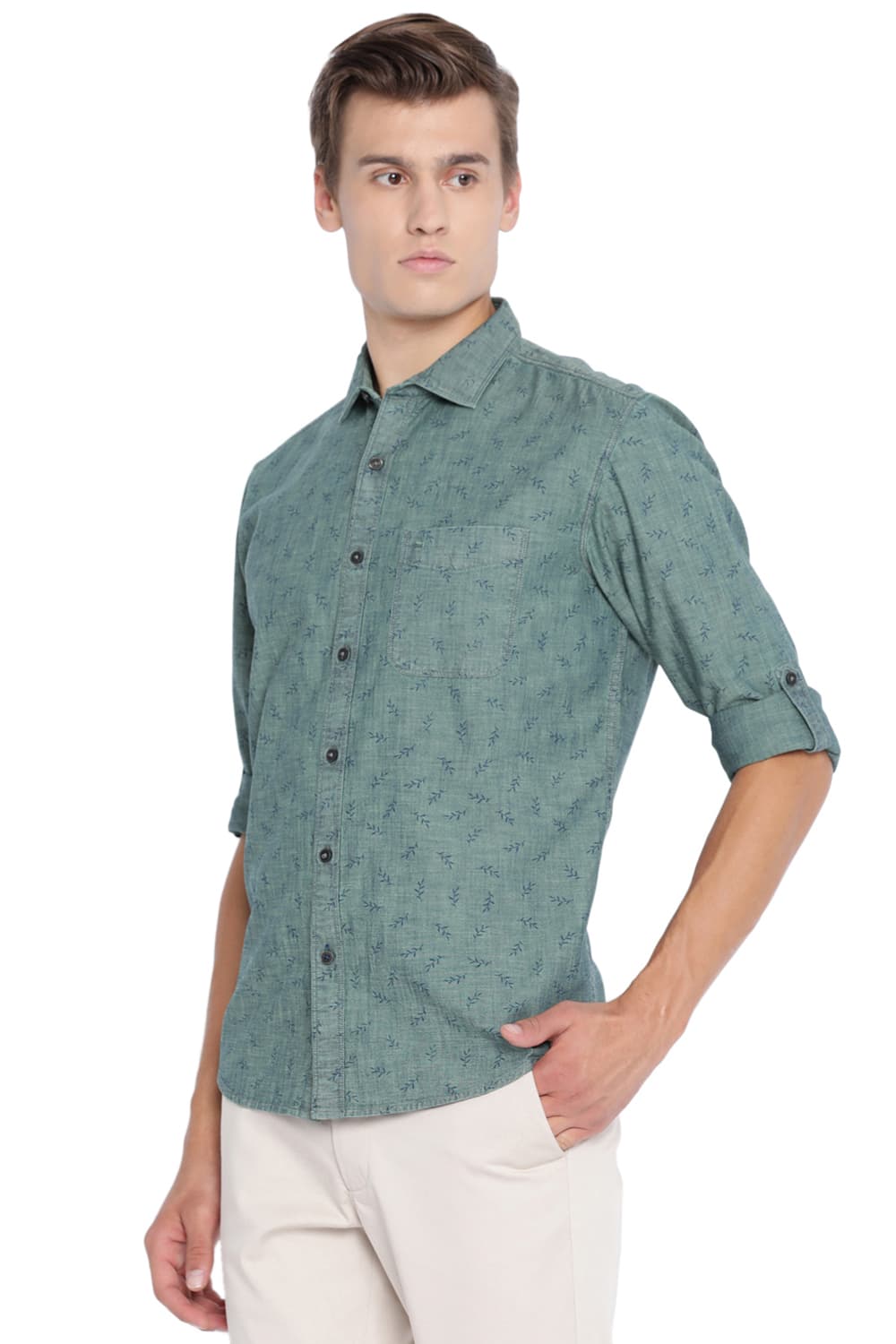 BASICS SLIM FIT PRINTED INDIGO SHIRT