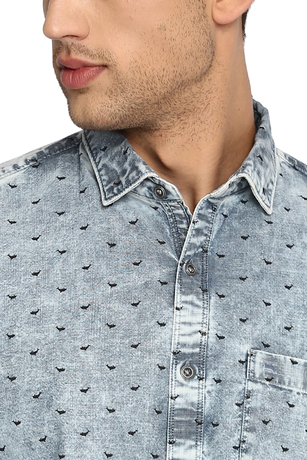 BASICS SLIM FIT PRINTED INDIGO SHIRT