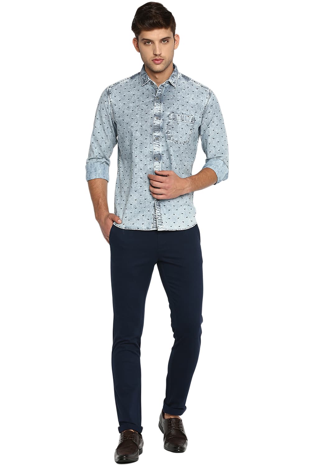 BASICS SLIM FIT PRINTED INDIGO SHIRT