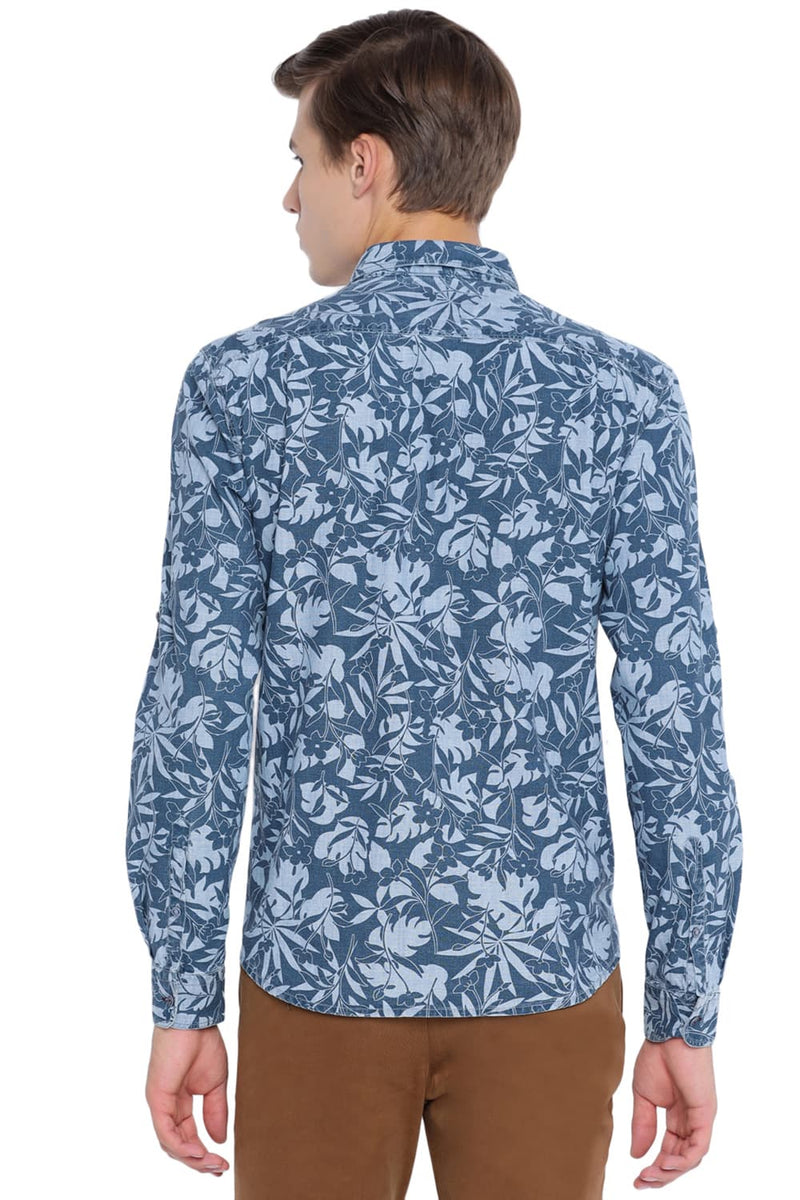 BASICS SLIM FIT PRINTED INDIGO SHIRT