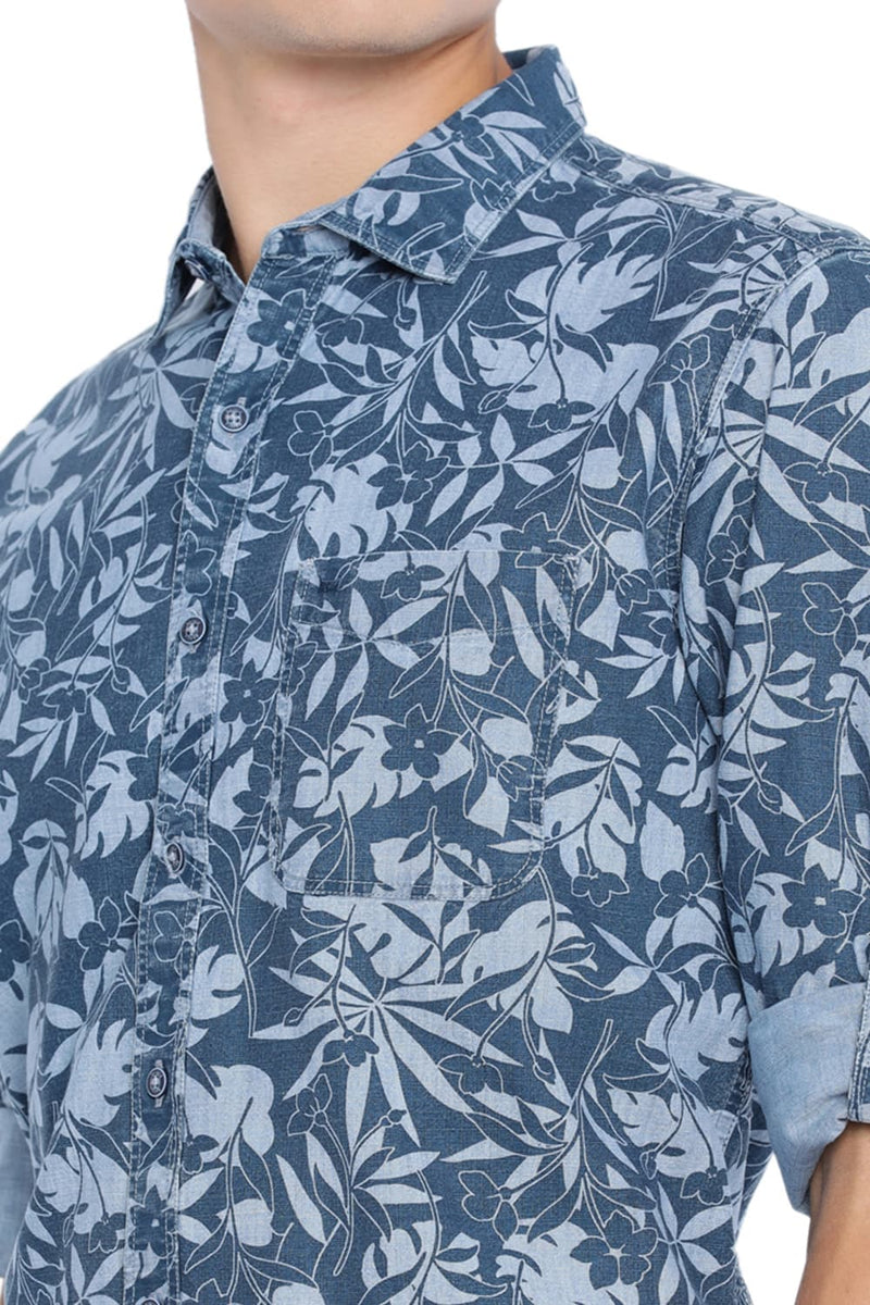 BASICS SLIM FIT PRINTED INDIGO SHIRT