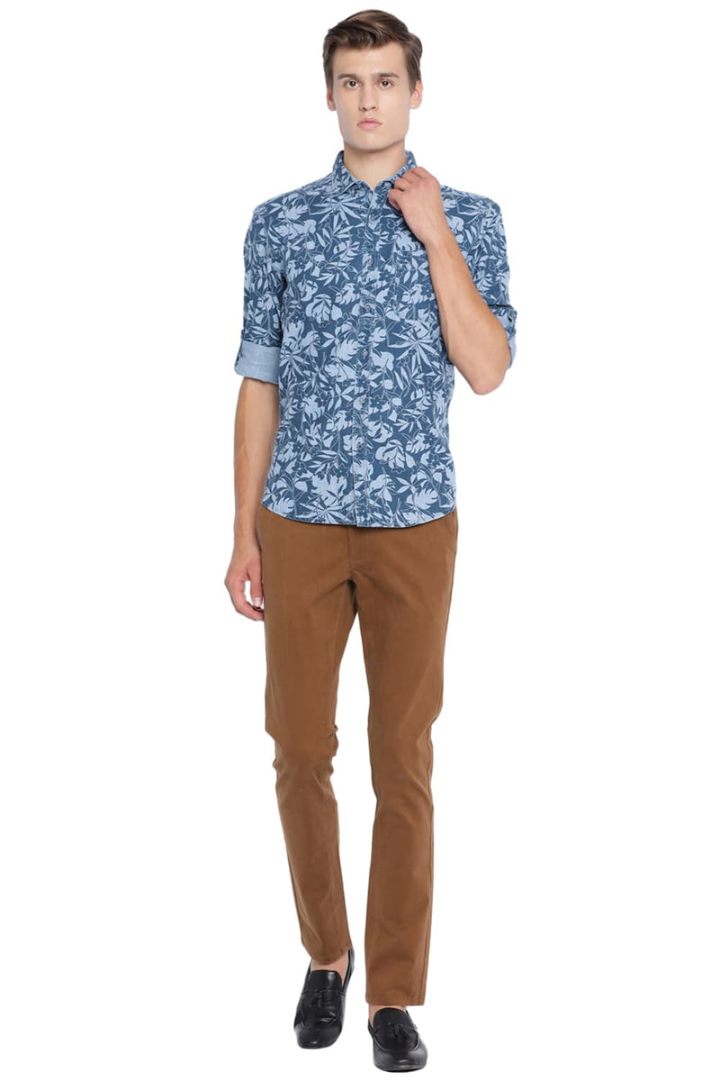 BASICS SLIM FIT PRINTED INDIGO SHIRT