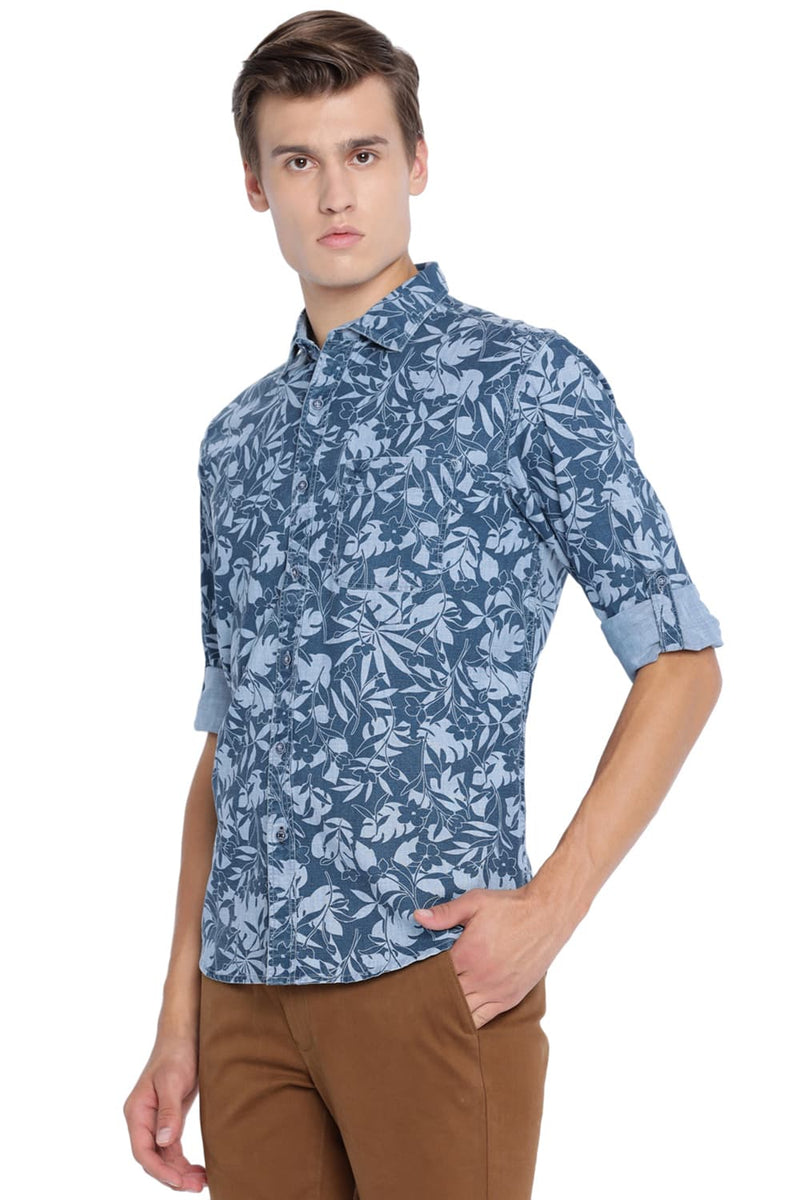 BASICS SLIM FIT PRINTED INDIGO SHIRT