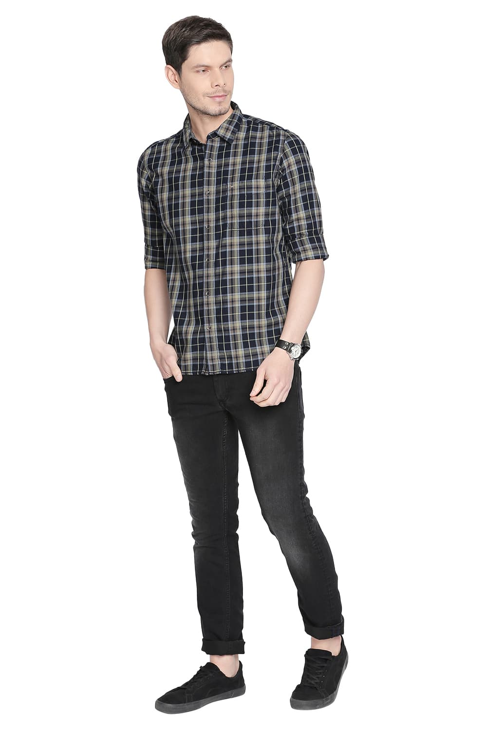 BASICS SLIM FIT TWILL CHECKS SHIRT