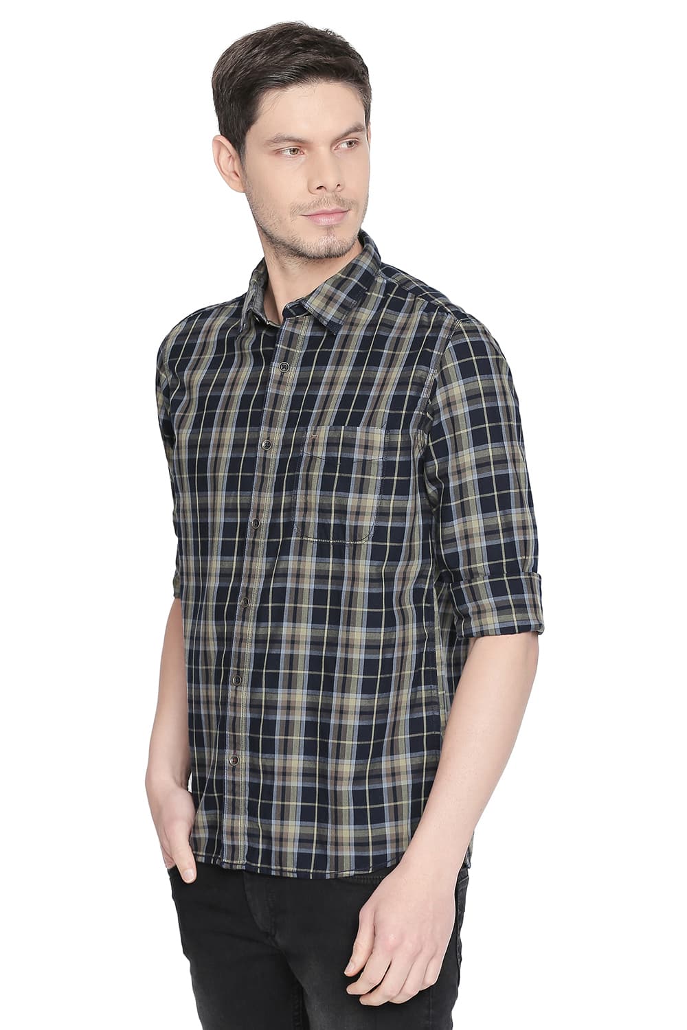 BASICS SLIM FIT TWILL CHECKS SHIRT