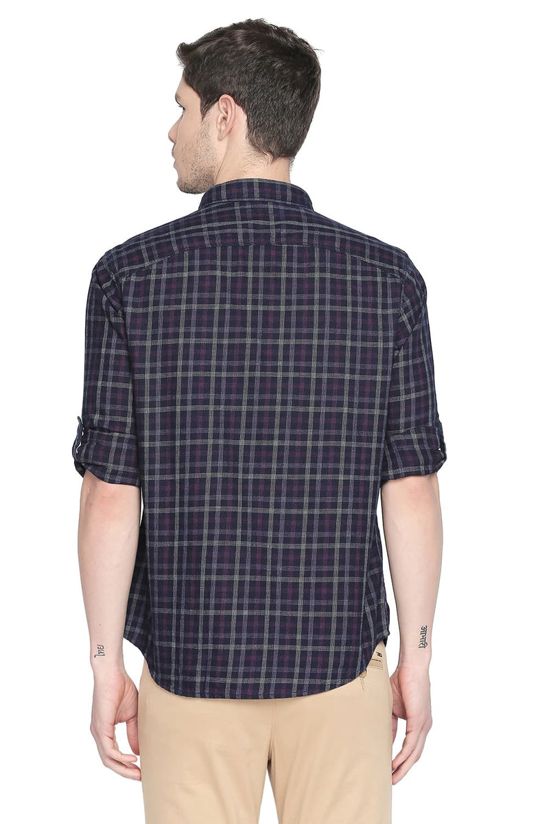 BASICS SLIM FIT INDIGO CHECKS SHIRT