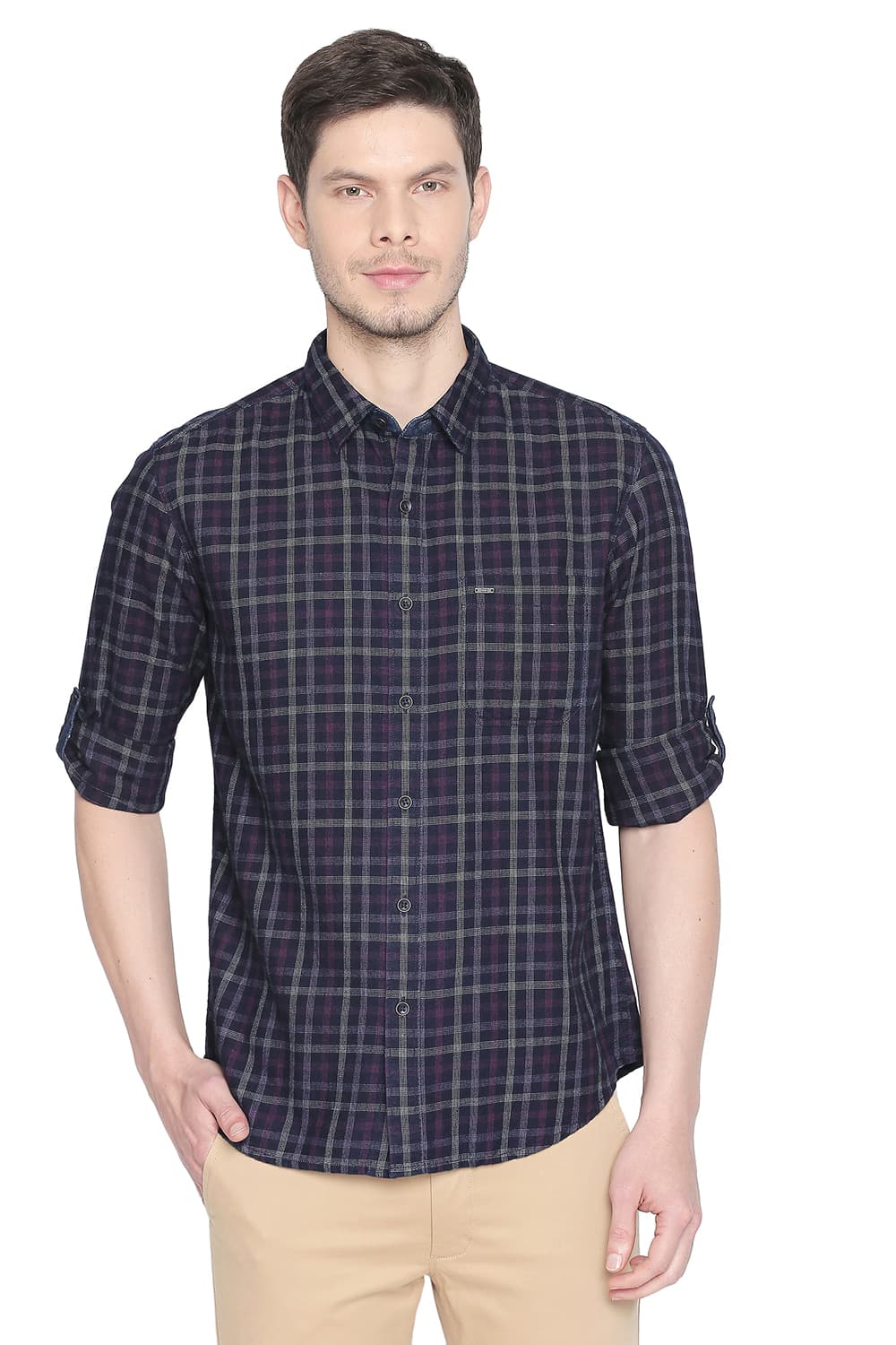 BASICS SLIM FIT INDIGO CHECKS SHIRT