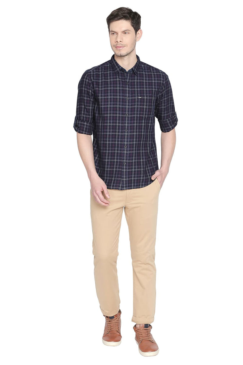 BASICS SLIM FIT INDIGO CHECKS SHIRT