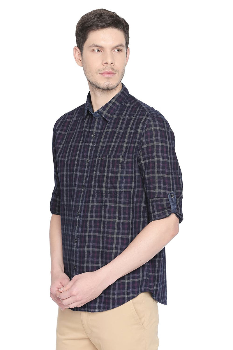 BASICS SLIM FIT INDIGO CHECKS SHIRT