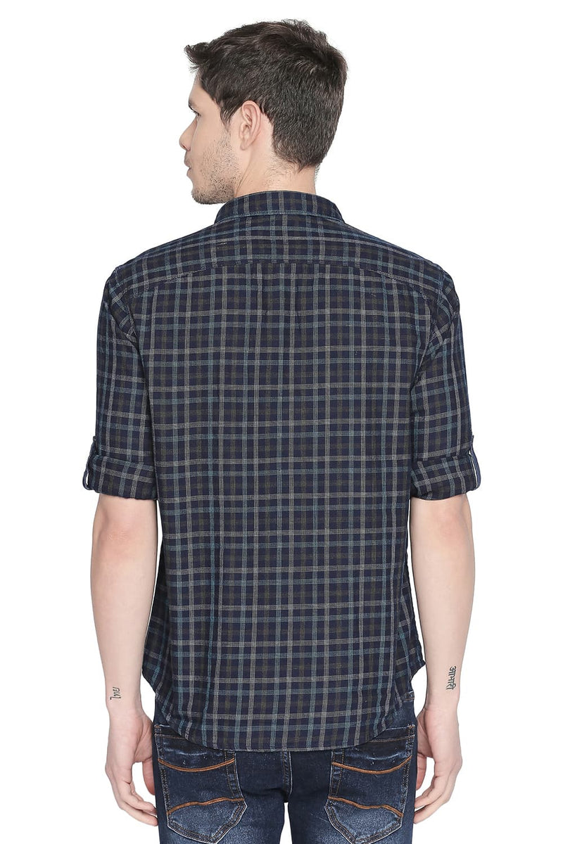 BASICS SLIM FIT INDIGO CHECKS SHIRT