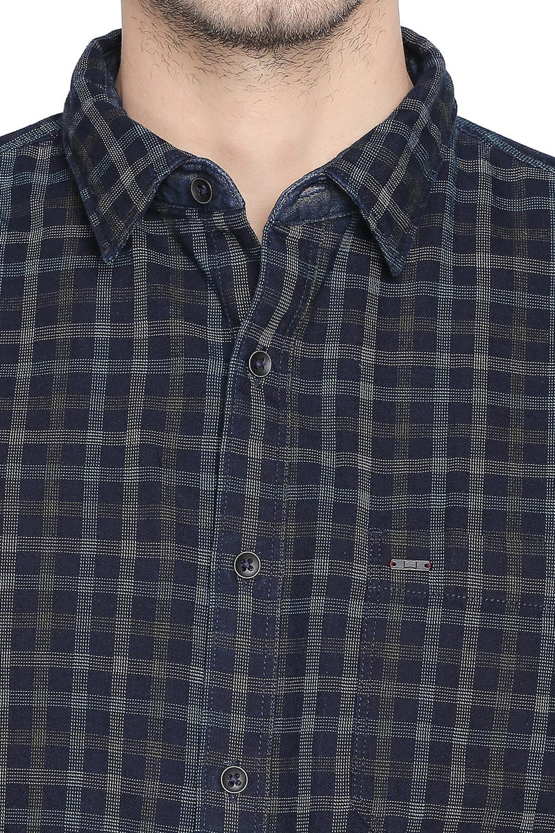 BASICS SLIM FIT INDIGO CHECKS SHIRT