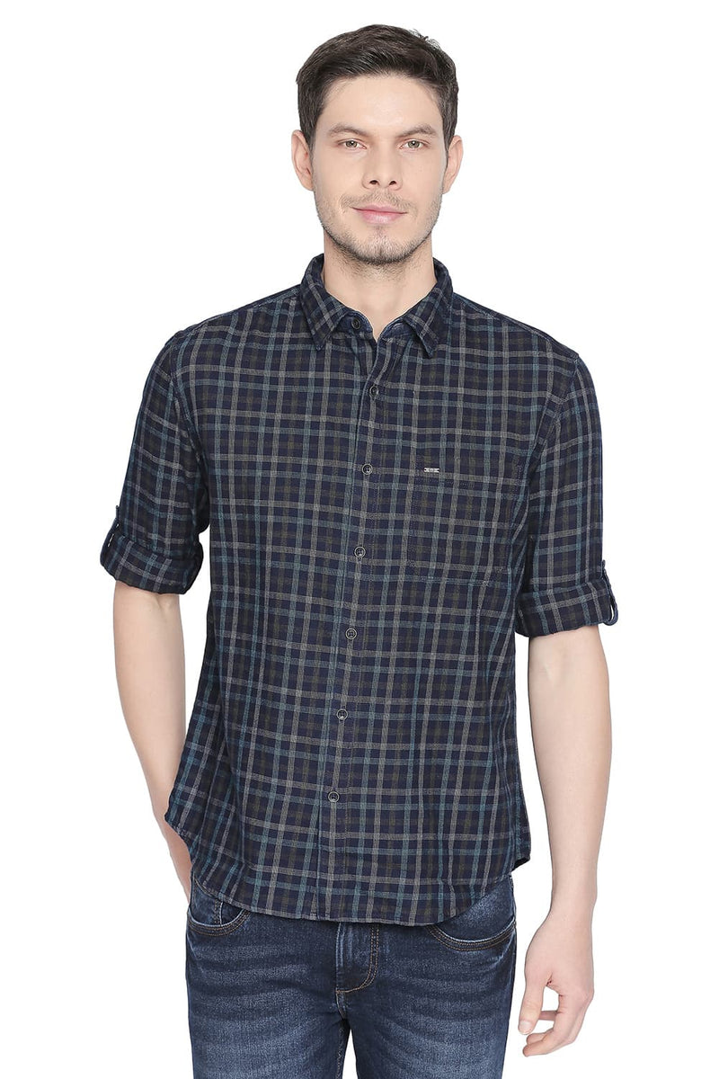 BASICS SLIM FIT INDIGO CHECKS SHIRT