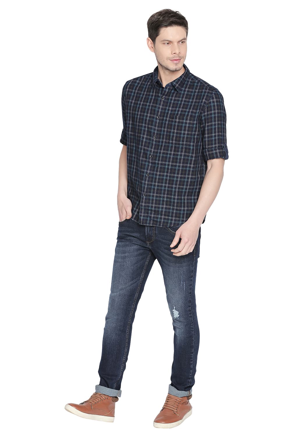 BASICS SLIM FIT INDIGO CHECKS SHIRT