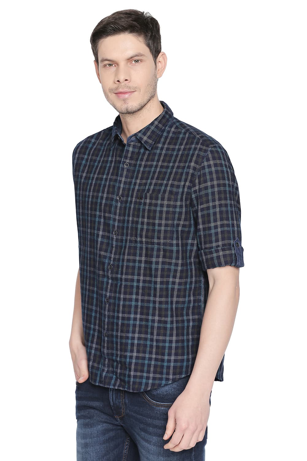 BASICS SLIM FIT INDIGO CHECKS SHIRT