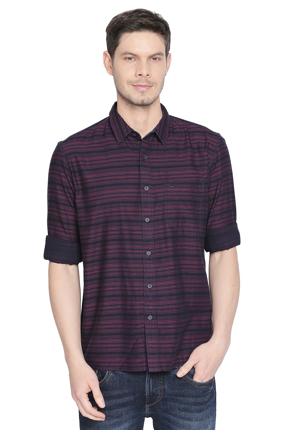 BASICS SLIM FIT TWILL WEFT STRIPES SHIRT