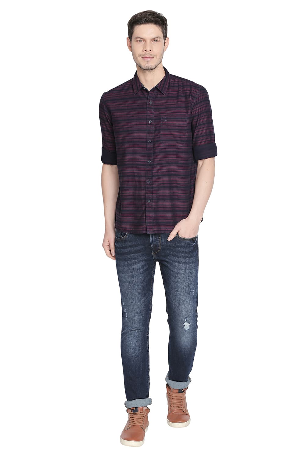 BASICS SLIM FIT TWILL WEFT STRIPES SHIRT