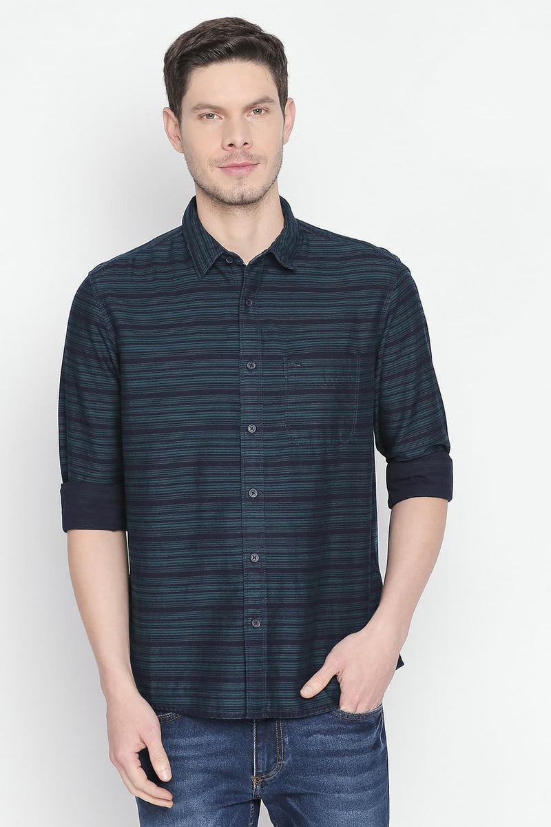 BASICS SLIM FIT TWILL WEFT STRIPES SHIRT