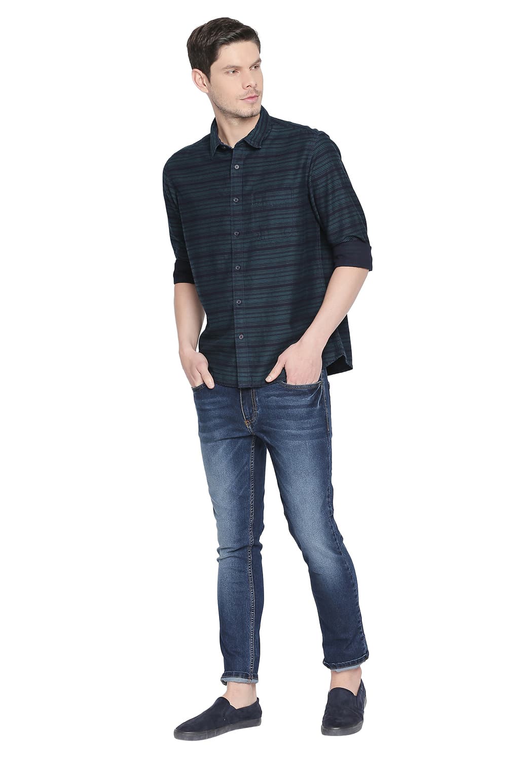 BASICS SLIM FIT TWILL WEFT STRIPES SHIRT