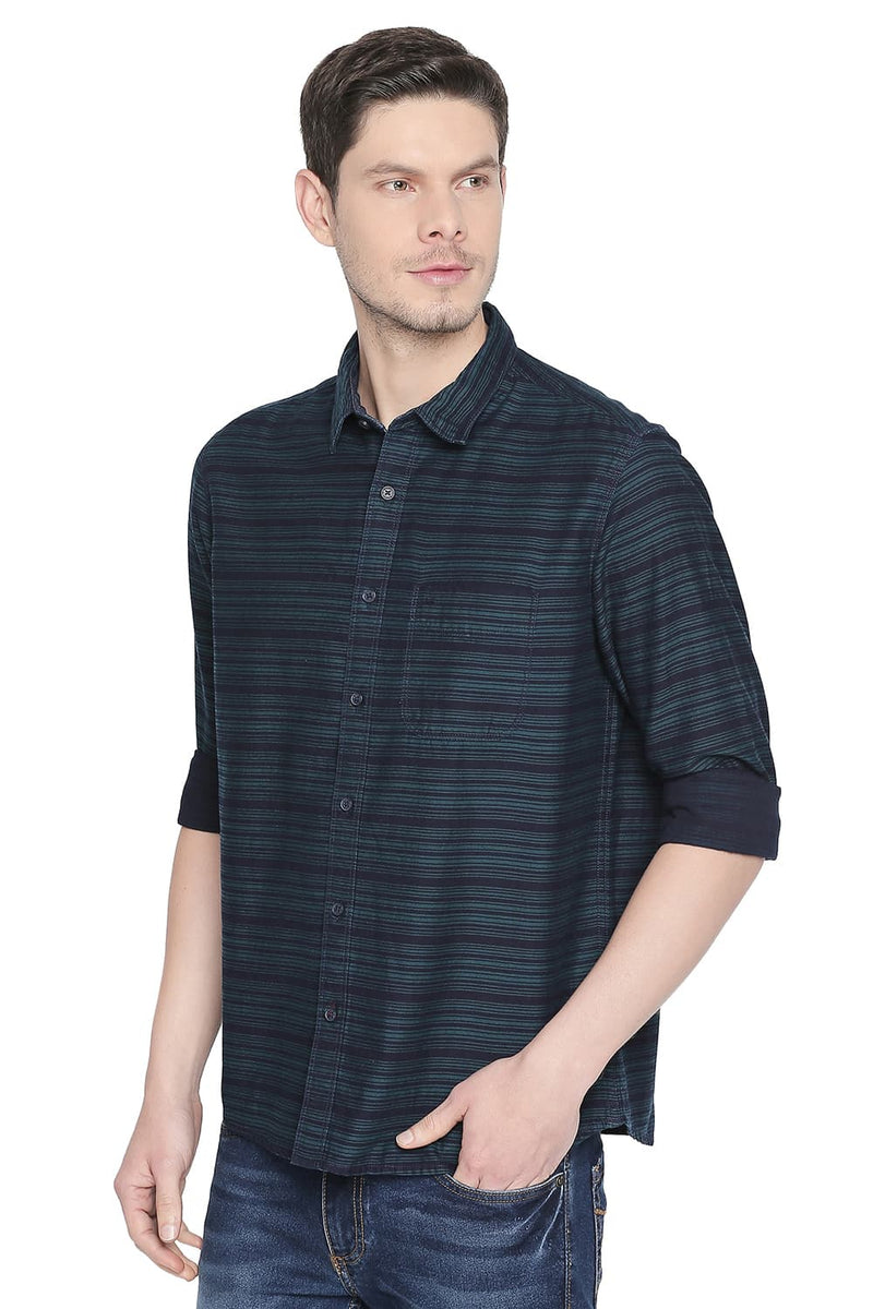 BASICS SLIM FIT TWILL WEFT STRIPES SHIRT