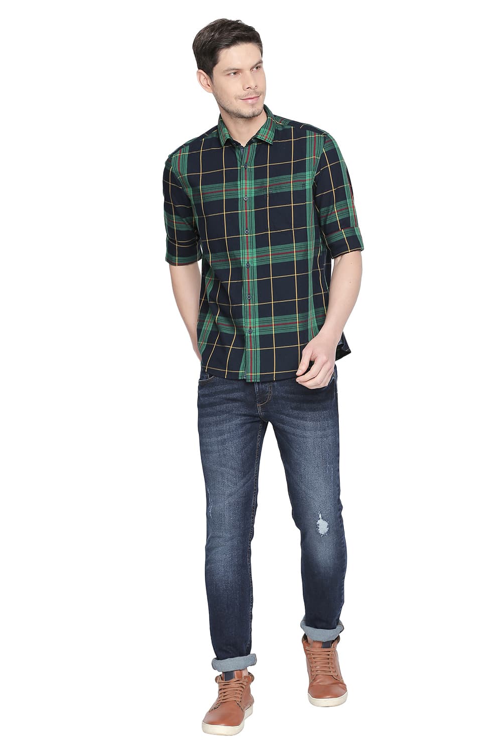 BASICS SLIM FIT TWILL CHECKS SHIRT