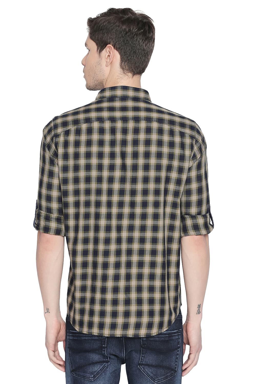 BASICS SLIM FIT INDIGO CHECKS SHIRT