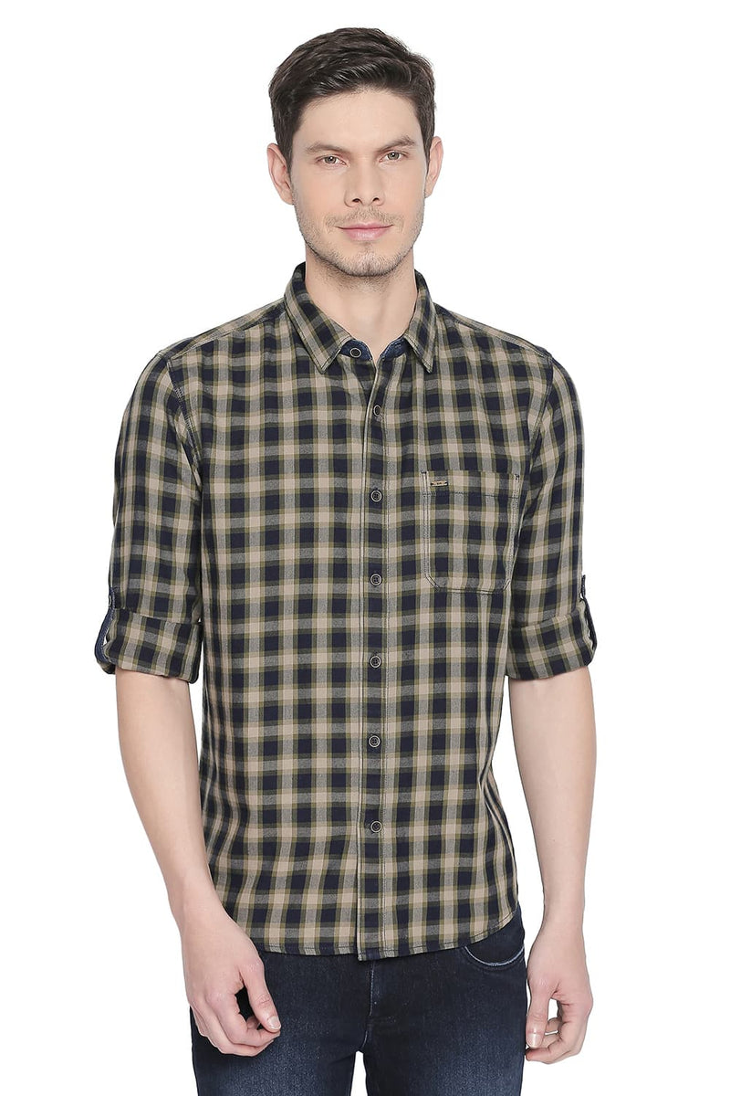 BASICS SLIM FIT INDIGO CHECKS SHIRT