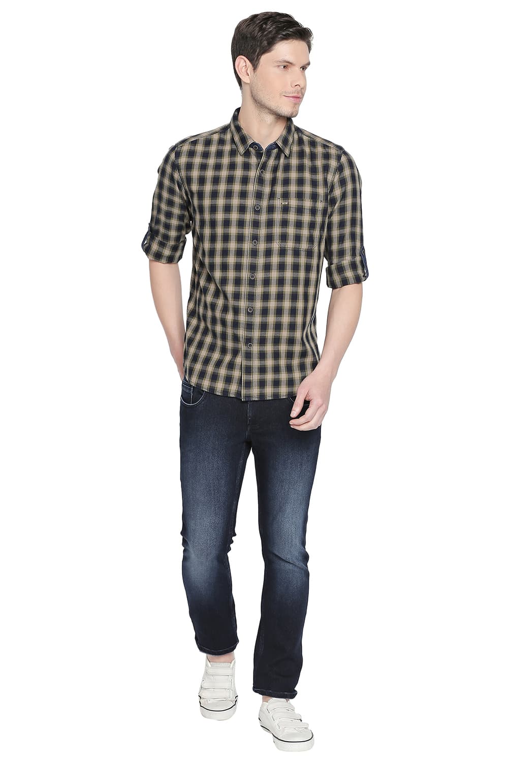 BASICS SLIM FIT INDIGO CHECKS SHIRT