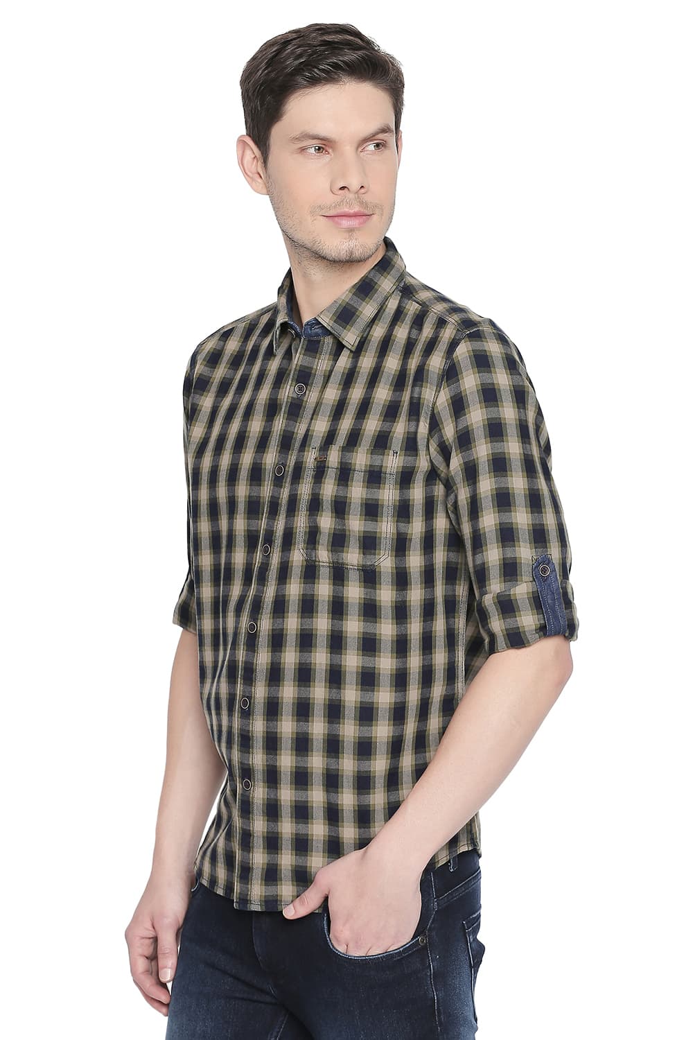 BASICS SLIM FIT INDIGO CHECKS SHIRT