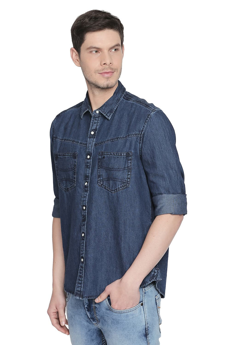 BASICS SLIM FIT TWILL DENIM SHIRT