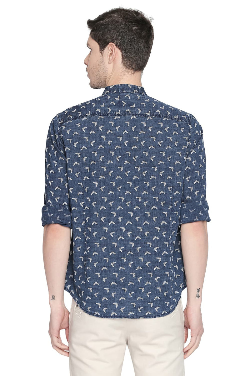 BASICS SLIM FIT PRINTED INDIGO SHIRT