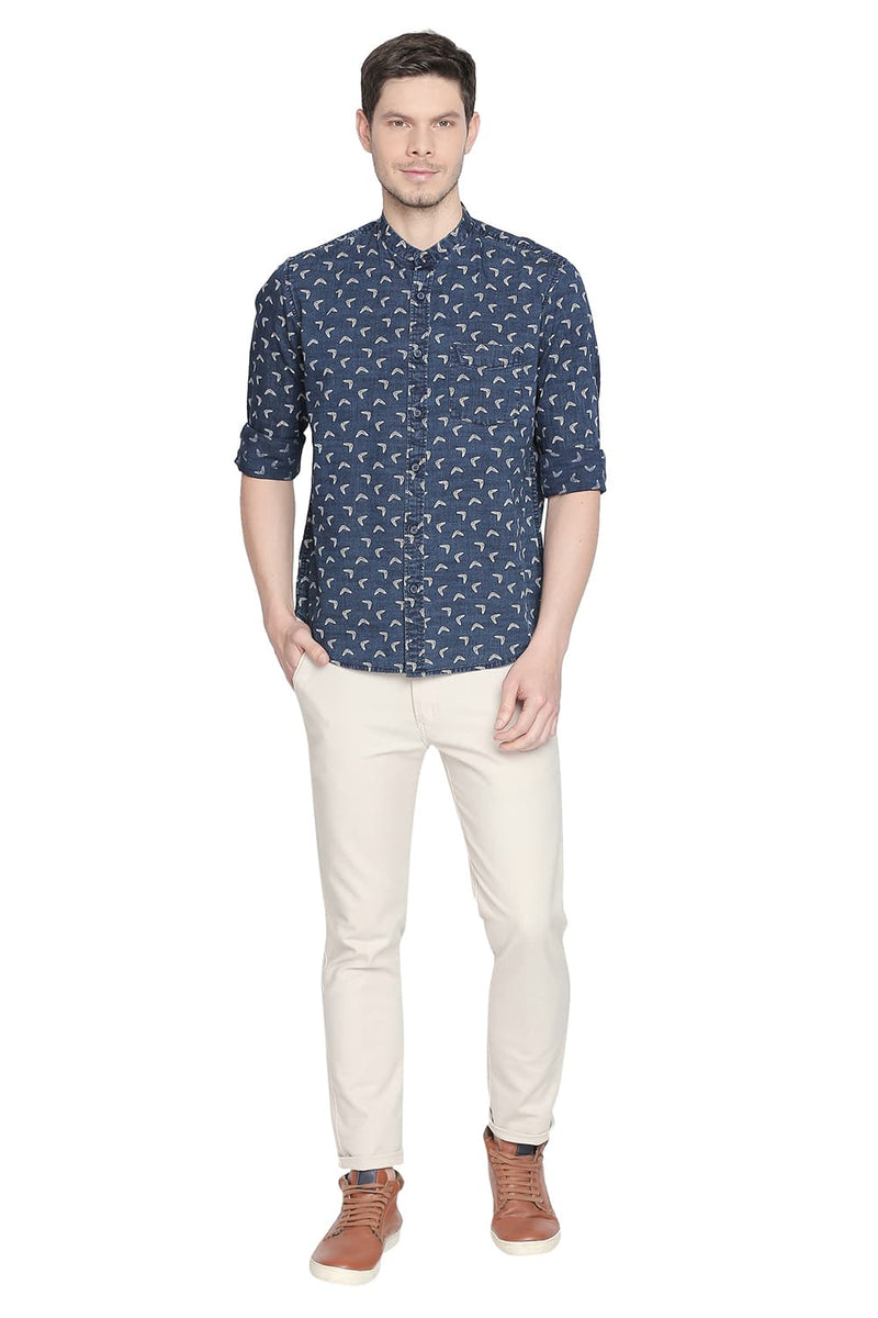 BASICS SLIM FIT PRINTED INDIGO SHIRT