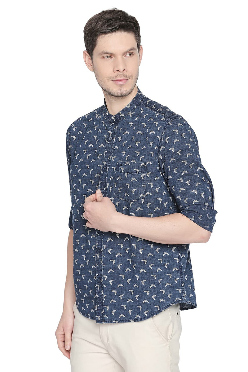 BASICS SLIM FIT PRINTED INDIGO SHIRT