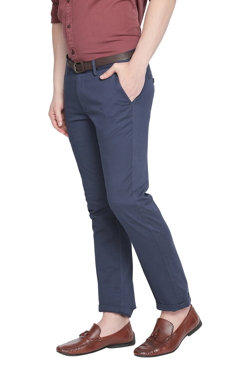 BASICS SLIM FIT PRINTED STRETCH TROUSER WITH BELT