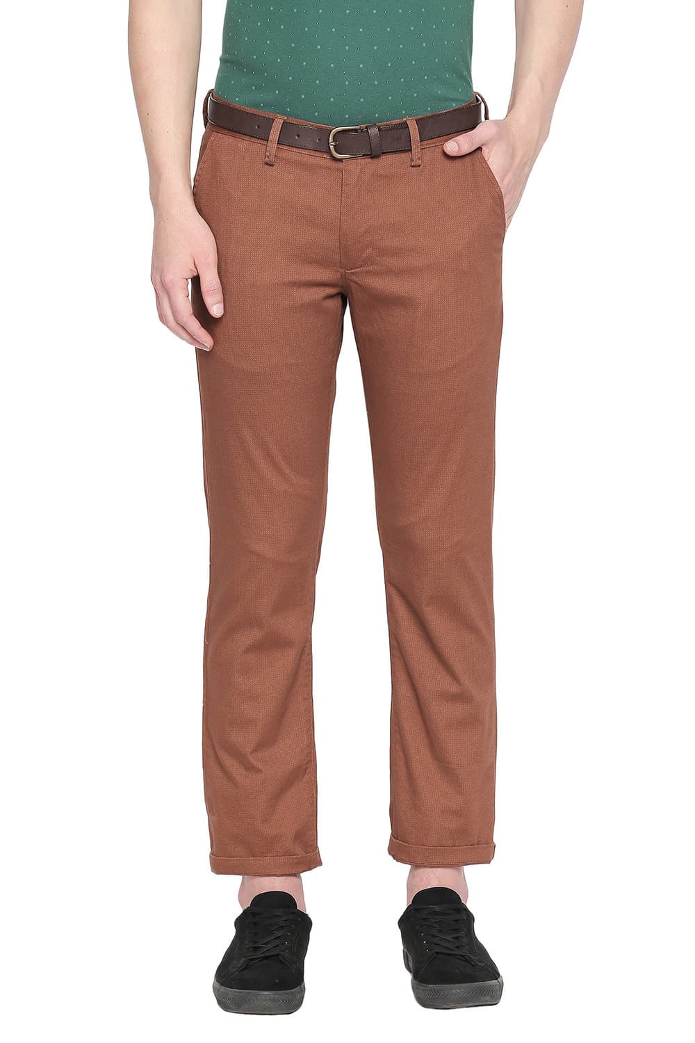 BASICS TAPERED FIT PRINTED STRETCH TROUSER WITH BELT