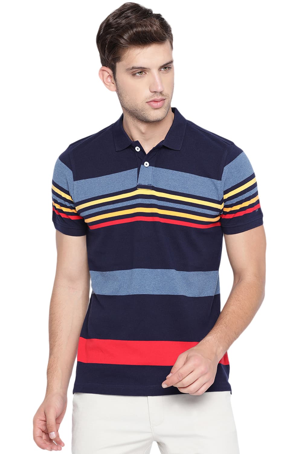 BASICS MUSCLE FIT ENGINEERED STRIPES POLO T SHIRT