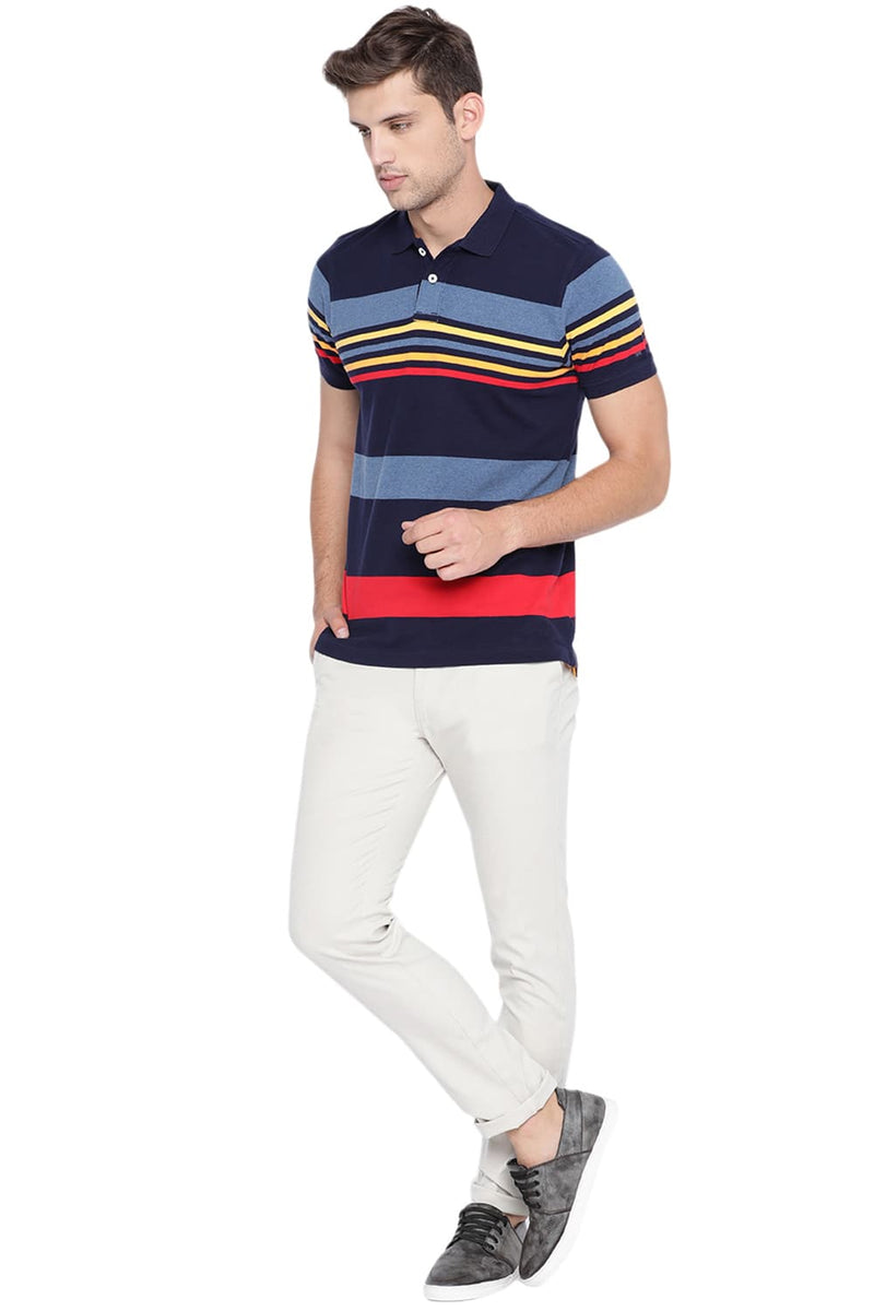 BASICS MUSCLE FIT ENGINEERED STRIPES POLO T SHIRT