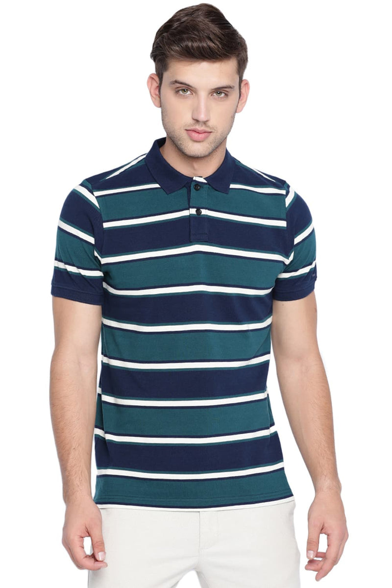 BASICS MUSCLE FIT STRIPED POLO T SHIRT