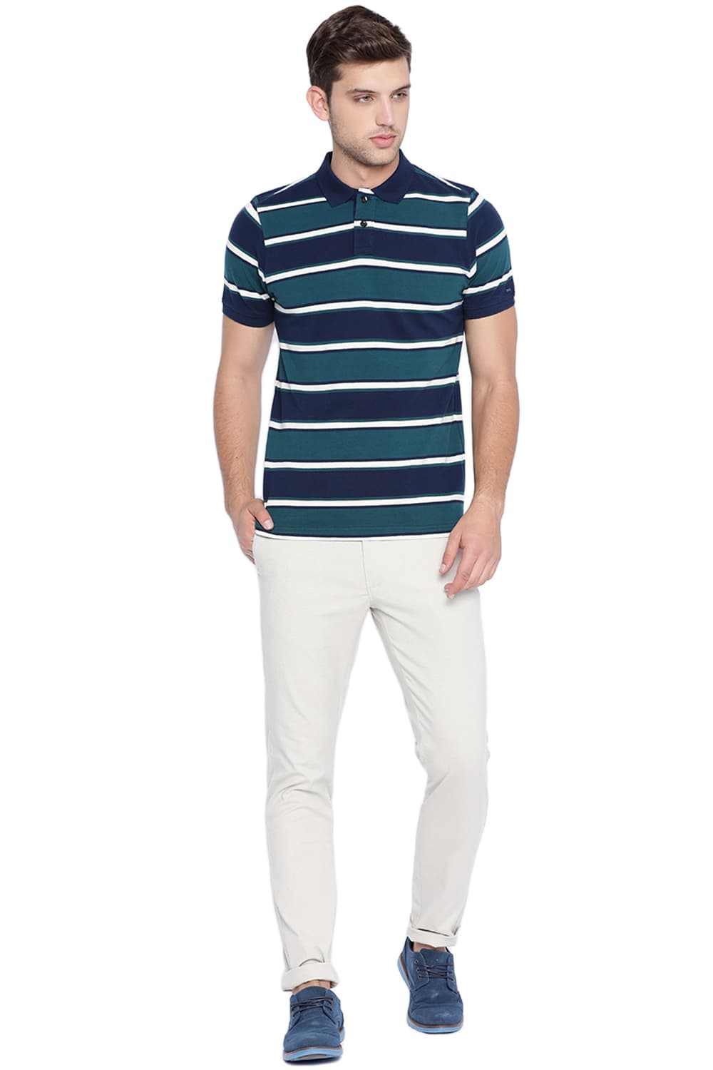 BASICS MUSCLE FIT STRIPED POLO T SHIRT