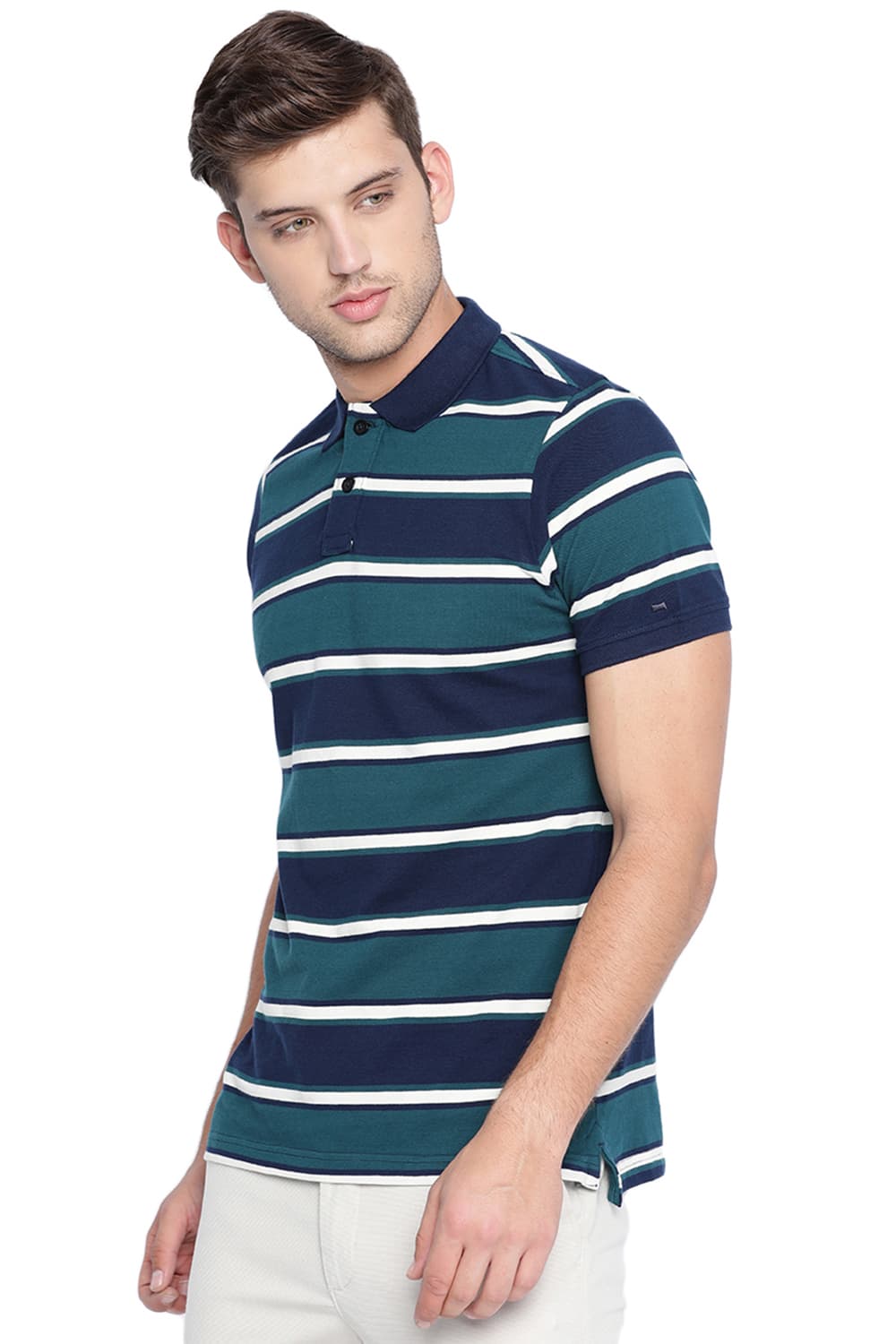 BASICS MUSCLE FIT STRIPED POLO T SHIRT